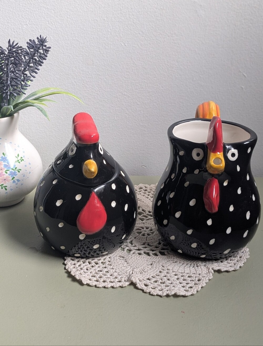 Black Rooster Ceramic Sugar Bowl & Creamer Set Polka Dot Farmhouse